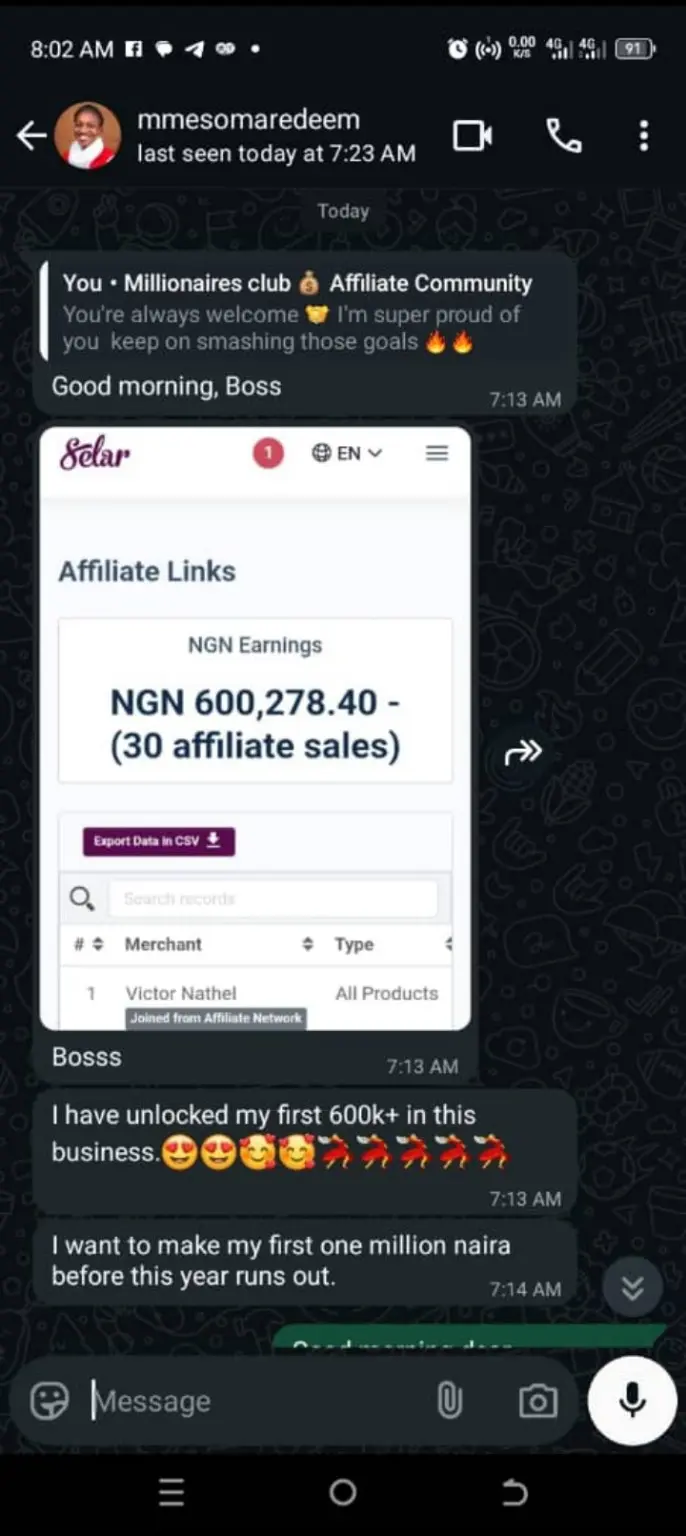 WhatsApp affiliate community screenshot showing reported 600,278.40 in affiliate sales